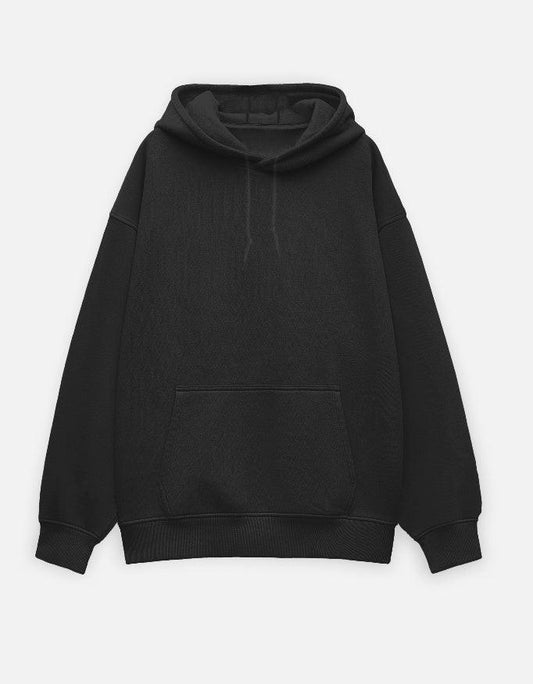 Black oversized hoodie with front kangaroo pocket and drawstring hood from Adhrit Studios streetwear