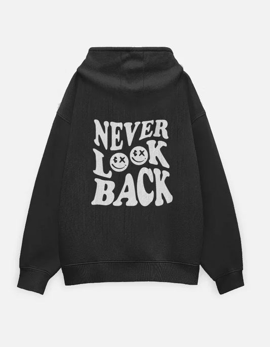 Black oversized hoodie with bold white graphic text 'NEVER LOOK BACK' and smiley face icons, streetwear style