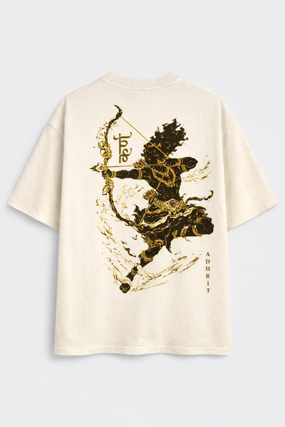 Oversized cream t-shirt with bold black and gold graphic of an archer and Adhrit text