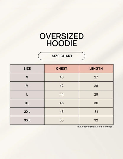 Adhrit Studios oversized hoodie size chart with chest and length measurements for sizes S to 3XL in inches