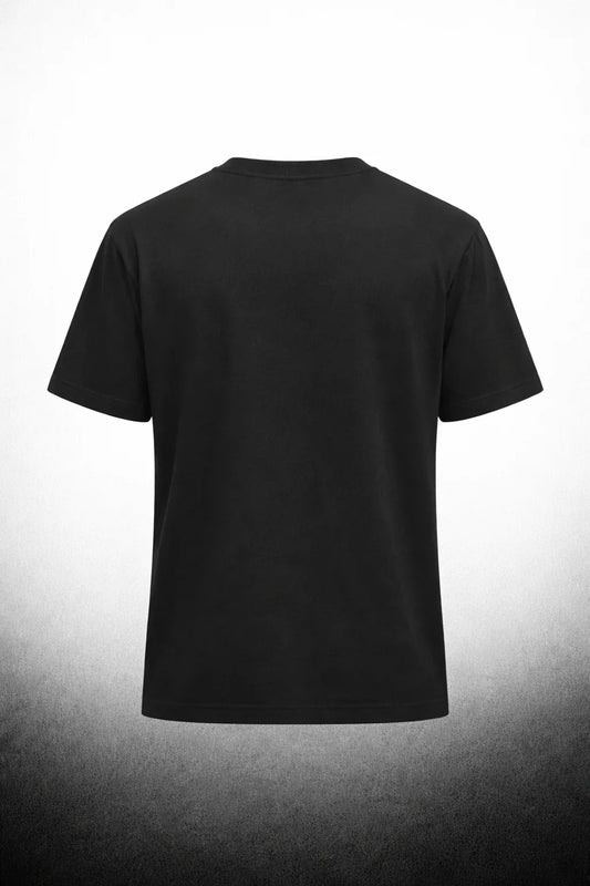 Plain black oversized t-shirt back view on white to black gradient background, modern streetwear