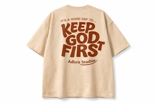 Keep God First Beige Oversized T-Shirt | 180 GSM Premium Cotton | Back Print | Adhrit Studios